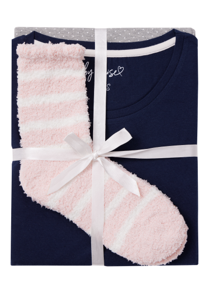Damen Pyjama 289 mit Kuschelsocken rosa/weiß gestreift
